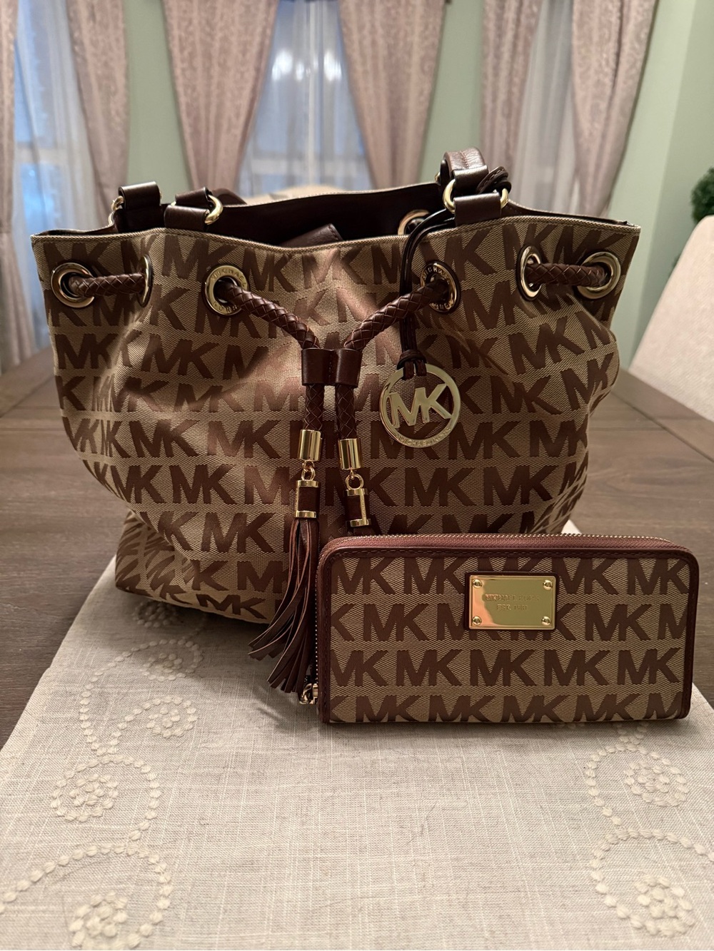 Michael Kors Brown Monogram Drawstring Tassel Handbag & Wallet MK Logo MSRP $450